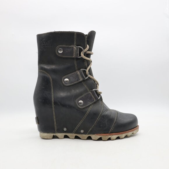 Sorel Joan of Arctic Lexie Wedge Mid Boot Women's 6.5 Black Oil Rubbed Leather - Picture 1 of 10